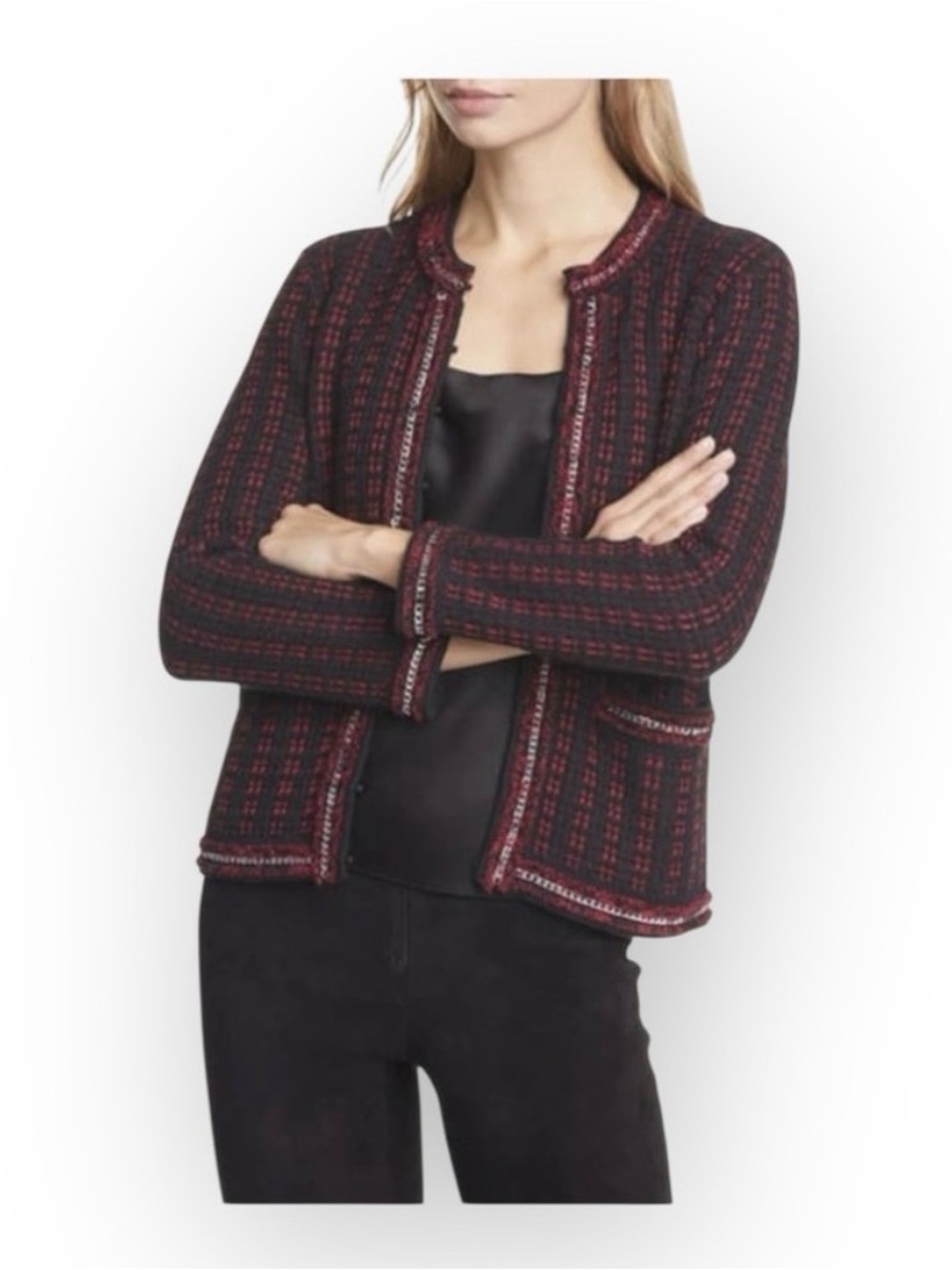 Womens Black & Burgundy Tweed Open Jacket